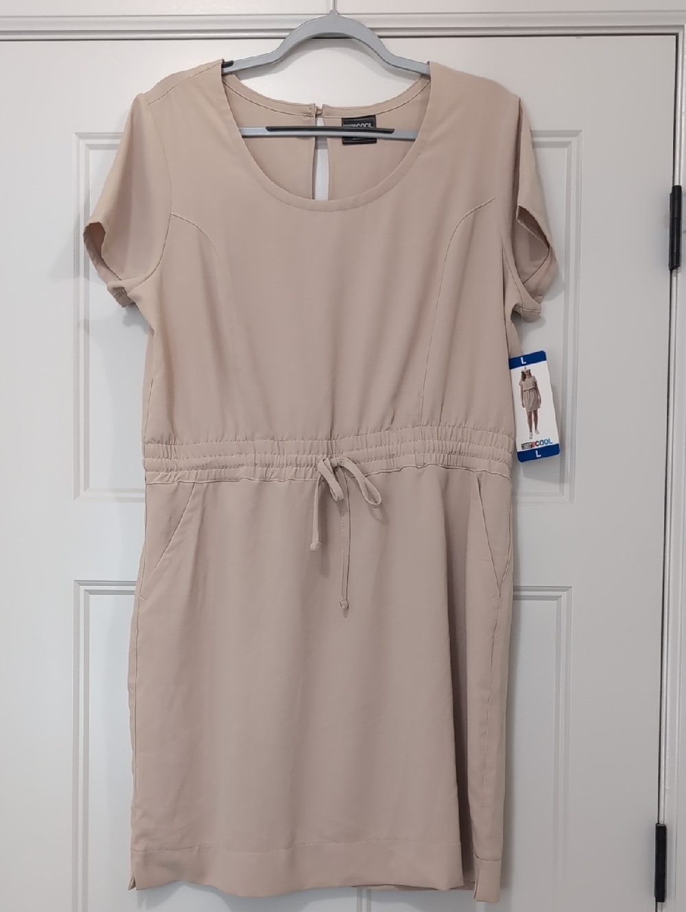 Short-Sleeve Drawstring Mini Dress in Beige